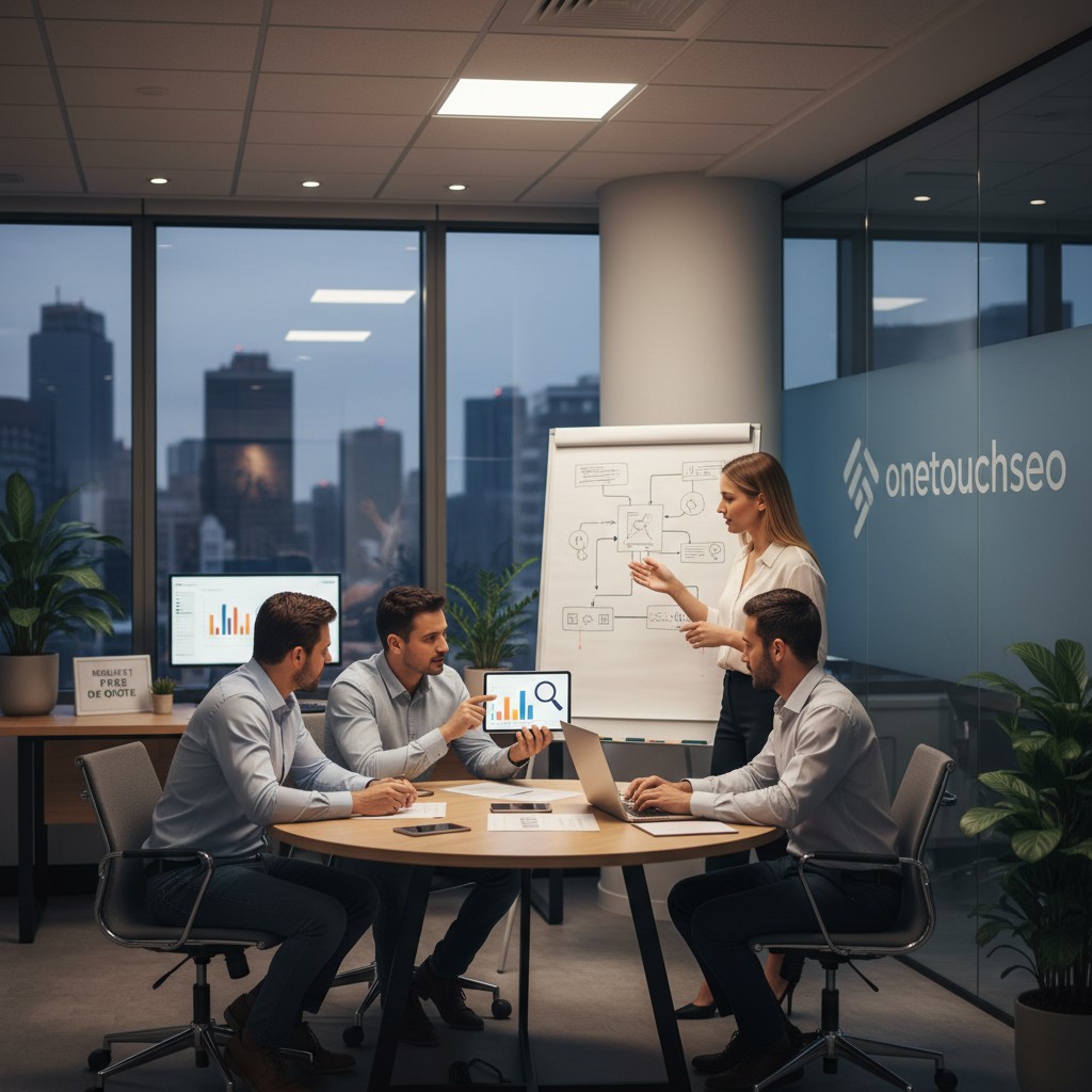 A collaborative business meeting takes place within a modern office, where individuals are engaged in discussing data pres...